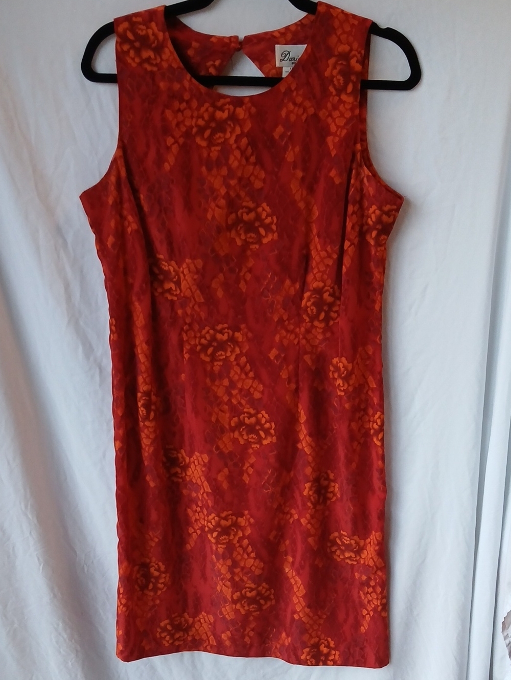 Sleeveless Floral Sheath Dress in Deep Red-Orange